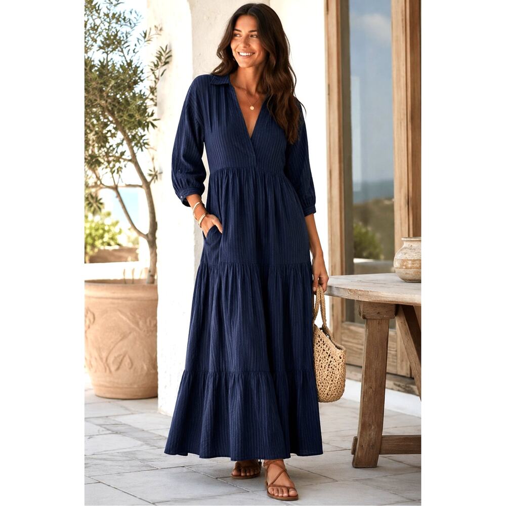 Dolma Elise Navy Stripe Maxi Dress Small NWT Cotton 3/4 Sleeve Boho